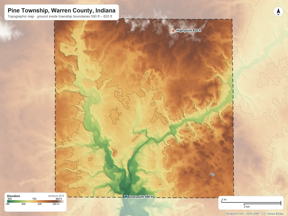 Topographic elevation map of Pine Township, Warren County, Indiana, shaded from 590 ft on the south side to 820 ft on the north side