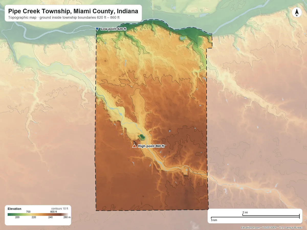 Topographic elevation map of Pipe Creek Township, Miami County, Indiana, shaded from 620 ft on the northwest side to 860 ft near the middle