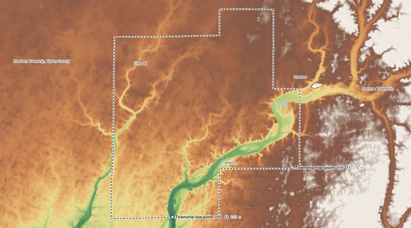 Topographic elevation map of Pipe Creek Township, Indiana, shaded from 800 ft on the south side to 890 ft on the southeast side