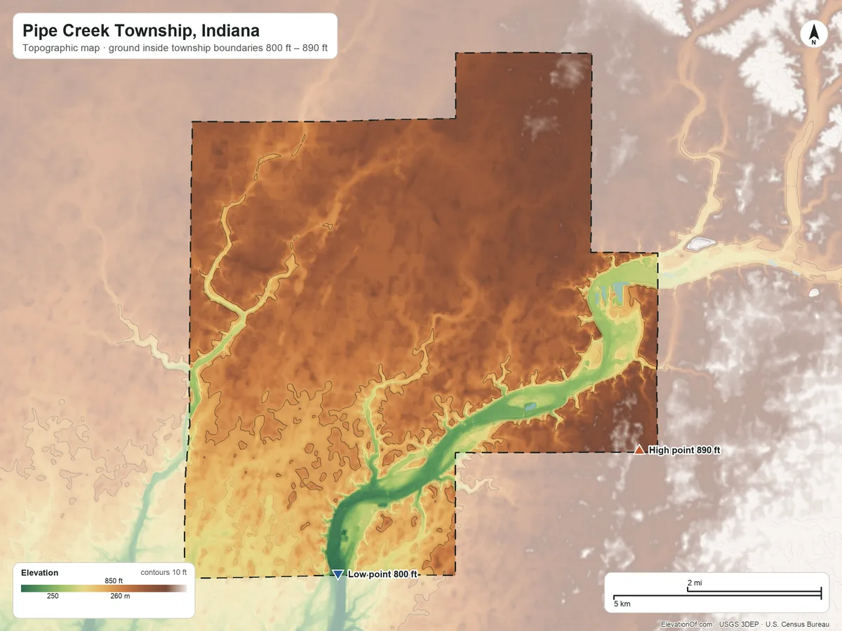 Topographic elevation map of Pipe Creek Township, Indiana, shaded from 800 ft on the south side to 890 ft on the southeast side