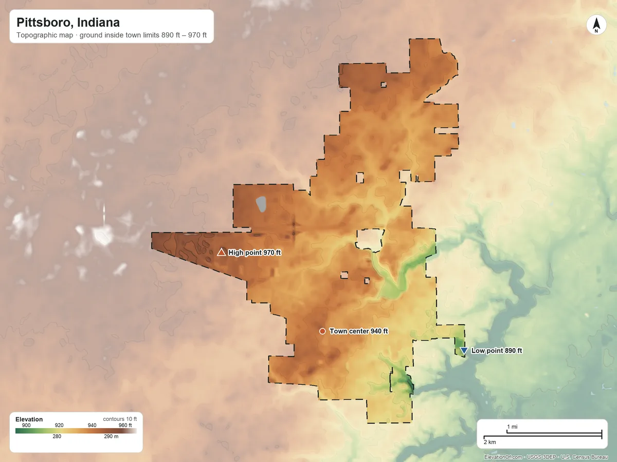 Topographic elevation map of Pittsboro, Indiana, shaded from 890 ft on the east side to 970 ft on the northwest side