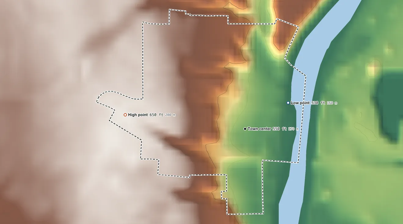 Topographic elevation map of Pittsburg, Indiana, shaded from 530 ft on the northeast side to 650 ft on the west side