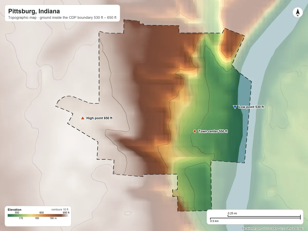 Topographic elevation map of Pittsburg, Indiana, shaded from 530 ft on the northeast side to 650 ft on the west side