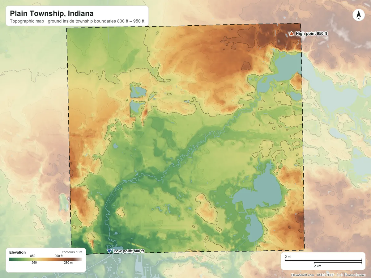 Topographic elevation map of Plain Township, Indiana, shaded from 800 ft on the southwest side to 950 ft on the northeast side