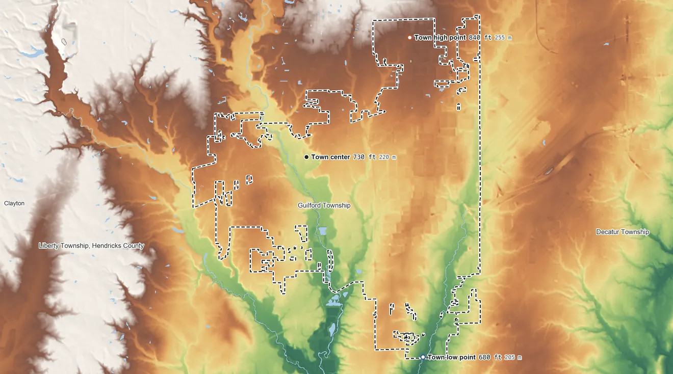 Topographic elevation map of Plainfield, Indiana, shaded from 680 ft on the southeast side to 840 ft on the northeast side