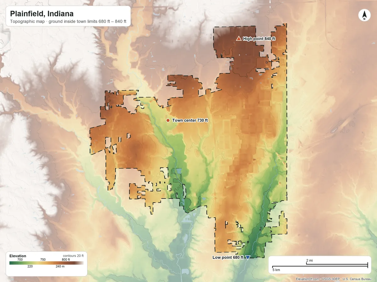 Topographic elevation map of Plainfield, Indiana, shaded from 680 ft on the southeast side to 840 ft on the northeast side