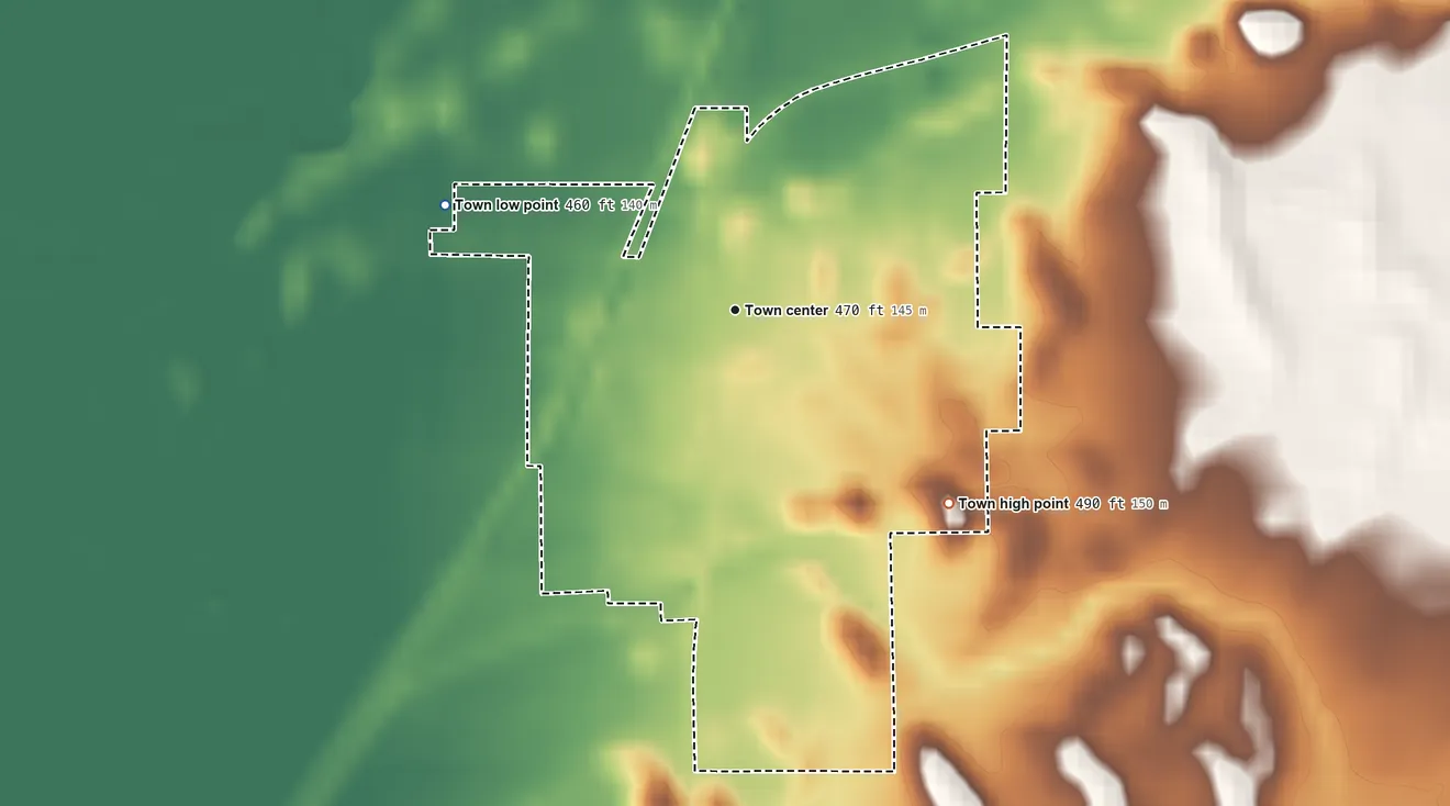 Topographic elevation map of Plainville, Indiana, shaded from 460 ft on the west side to 490 ft on the southeast side