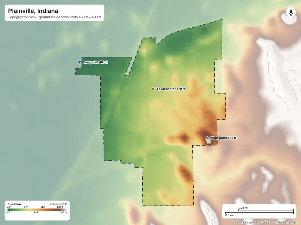 Topographic elevation map of Plainville, Indiana, shaded from 460 ft on the west side to 490 ft on the southeast side