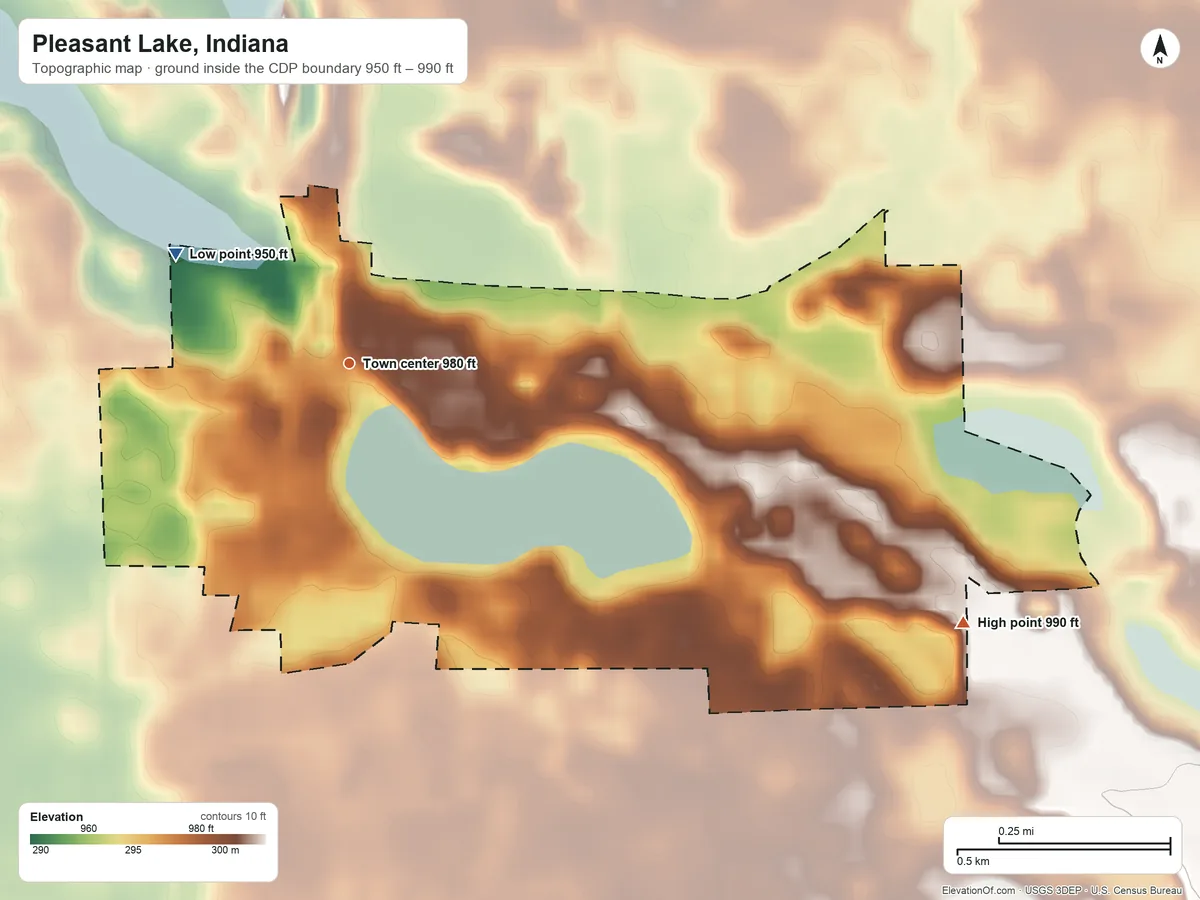 Topographic elevation map of Pleasant Lake, Indiana, shaded from 950 ft on the northwest side to 990 ft on the southeast side