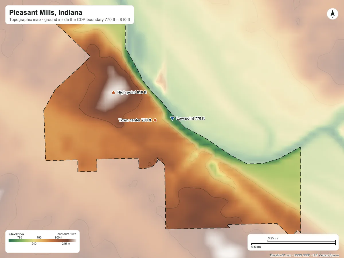 Topographic elevation map of Pleasant Mills, Indiana, shaded from 770 ft near the middle to 810 ft on the northwest side
