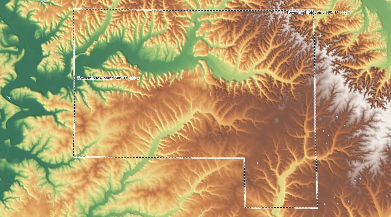 Topographic elevation map of Pleasant Run Township, Indiana, shaded from 500 ft on the west side to 900 ft on the northeast side