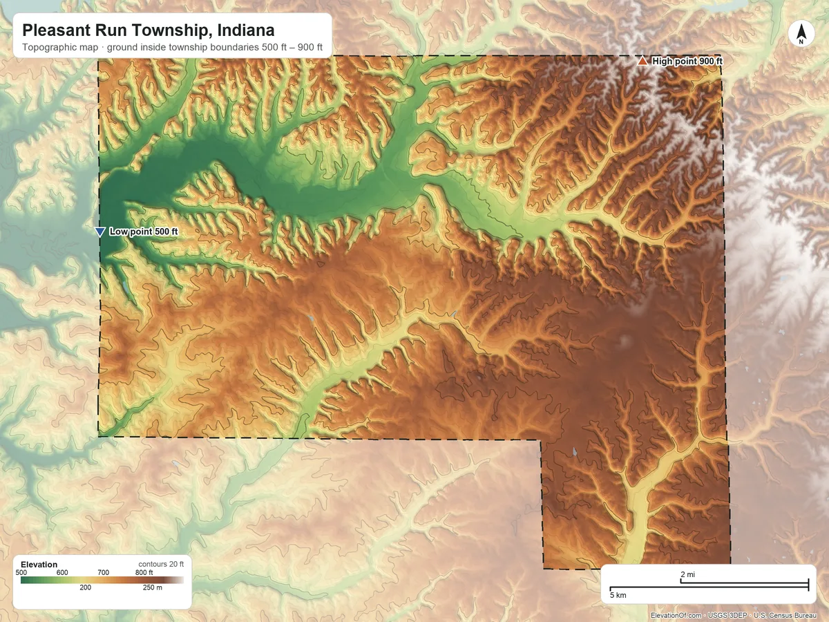 Topographic elevation map of Pleasant Run Township, Indiana, shaded from 500 ft on the west side to 900 ft on the northeast side