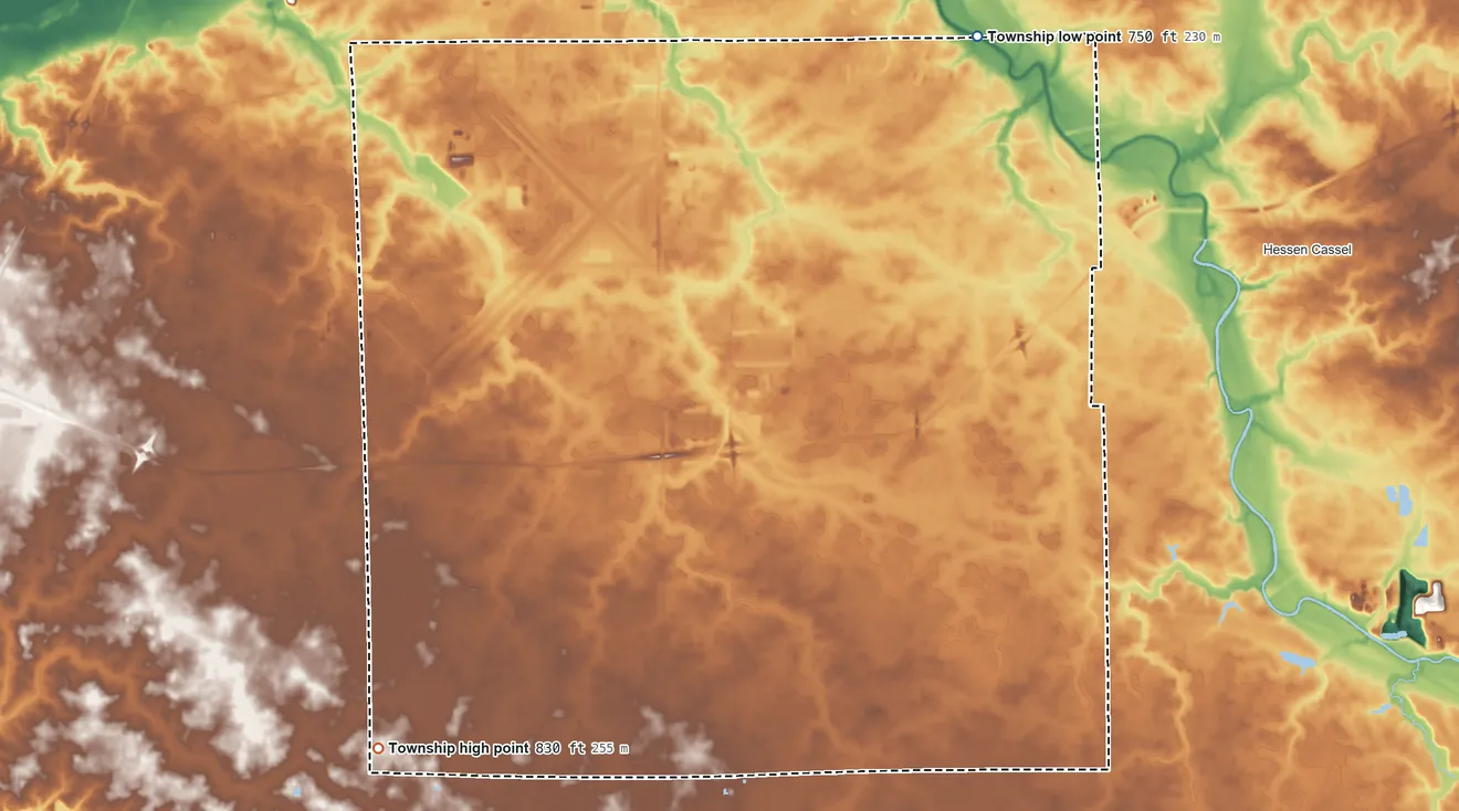 Topographic elevation map of Pleasant Township, Allen County, Indiana, shaded from 750 ft on the northeast side to 830 ft on the southwest side