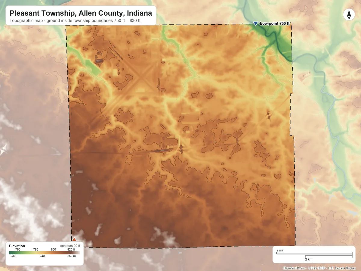 Topographic elevation map of Pleasant Township, Allen County, Indiana, shaded from 750 ft on the northeast side to 830 ft on the southwest side