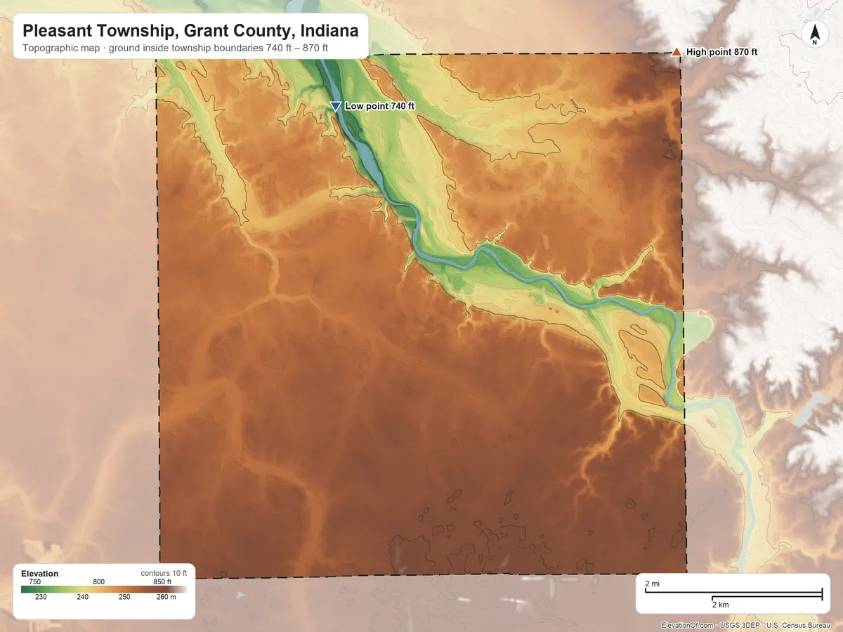 Topographic elevation map of Pleasant Township, Grant County, Indiana, shaded from 740 ft on the northwest side to 870 ft on the north side
