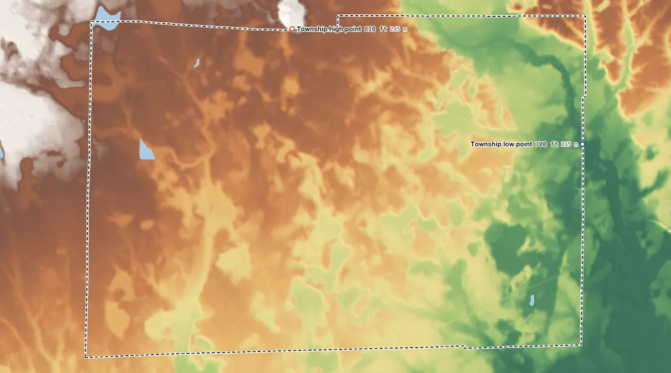 Topographic elevation map of Pleasant Township, LaPorte County, Indiana, shaded from 700 ft on the east side to 810 ft on the north side