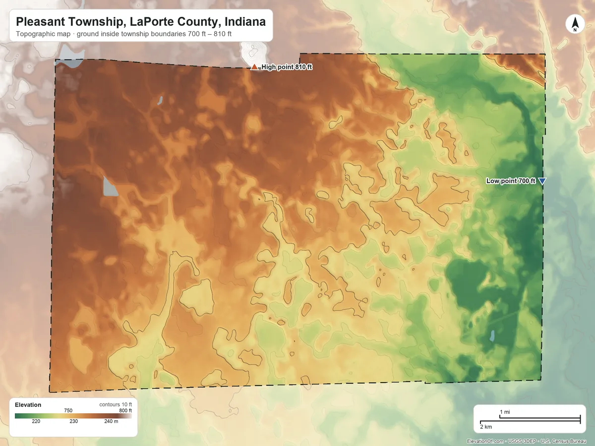 Topographic elevation map of Pleasant Township, LaPorte County, Indiana, shaded from 700 ft on the east side to 810 ft on the north side
