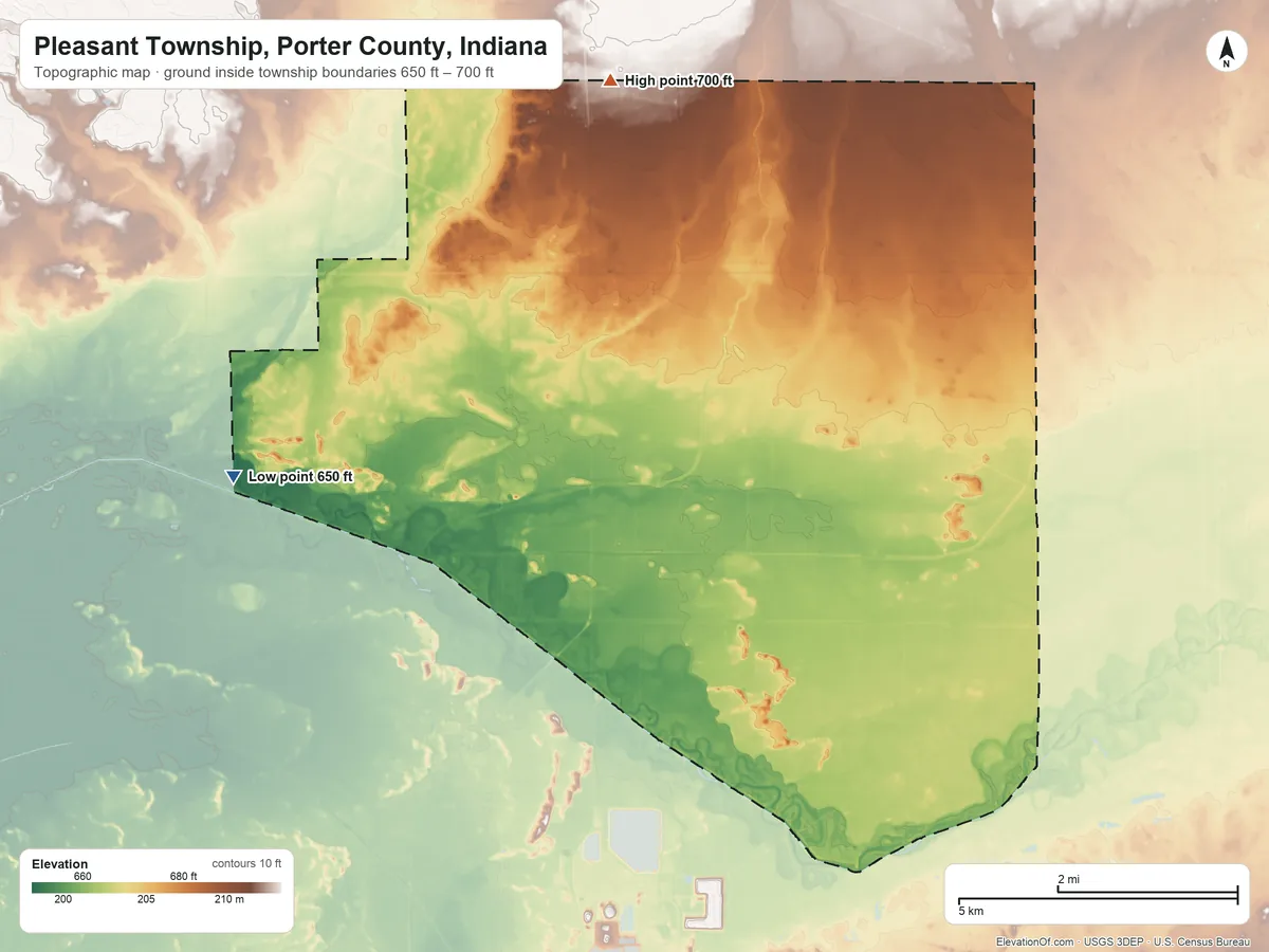 Topographic elevation map of Pleasant Township, Porter County, Indiana, shaded from 650 ft on the southwest side to 700 ft on the north side