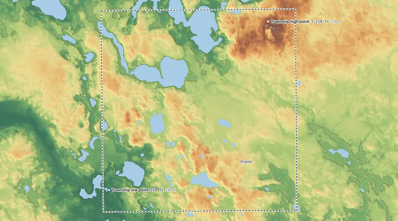 Topographic elevation map of Pleasant Township, Steuben County, Indiana, shaded from 950 ft on the southwest side to 1,210 ft on the northeast side