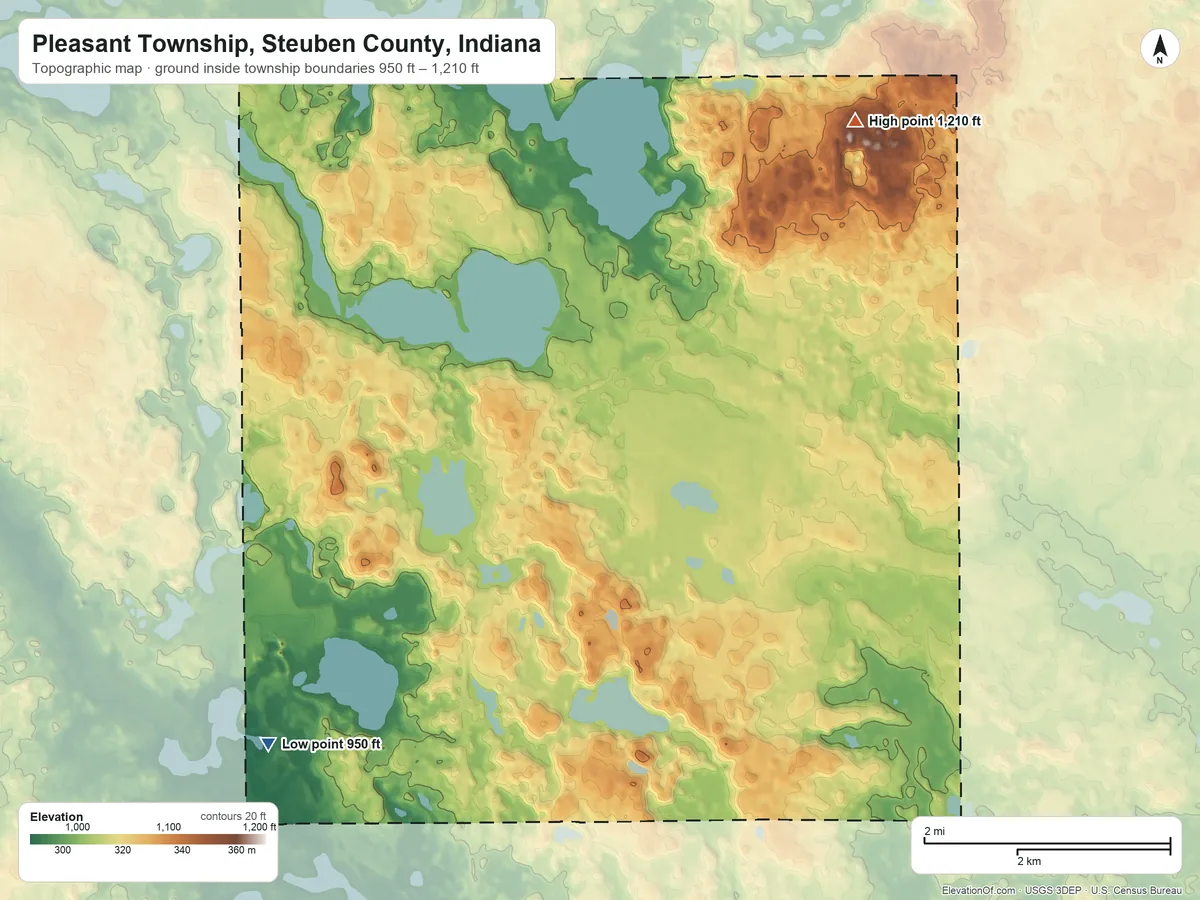 Topographic elevation map of Pleasant Township, Steuben County, Indiana, shaded from 950 ft on the southwest side to 1,210 ft on the northeast side