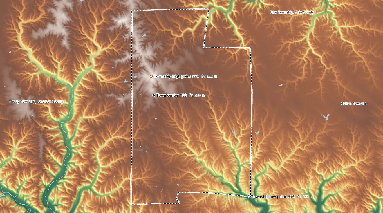 Topographic elevation map of Pleasant Township, Switzerland County, Indiana, shaded from 510 ft on the southeast side to 990 ft near the middle