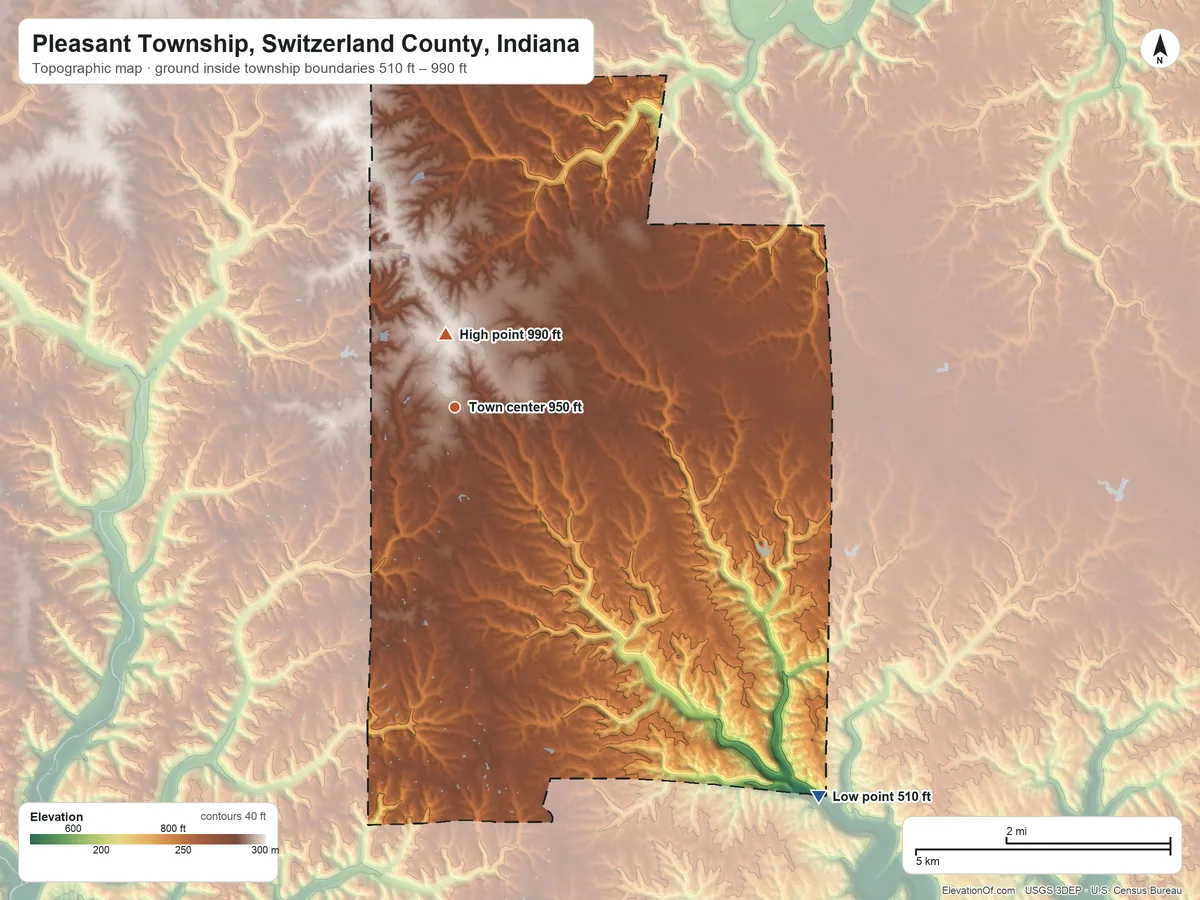 Topographic elevation map of Pleasant Township, Switzerland County, Indiana, shaded from 510 ft on the southeast side to 990 ft near the middle