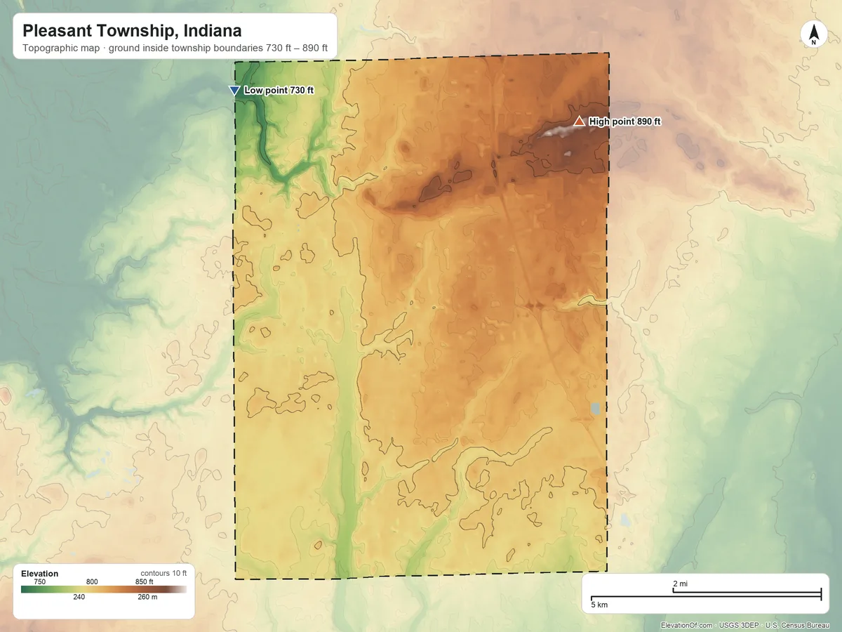 Topographic elevation map of Pleasant Township, Indiana, shaded from 730 ft on the northwest side to 890 ft on the northeast side