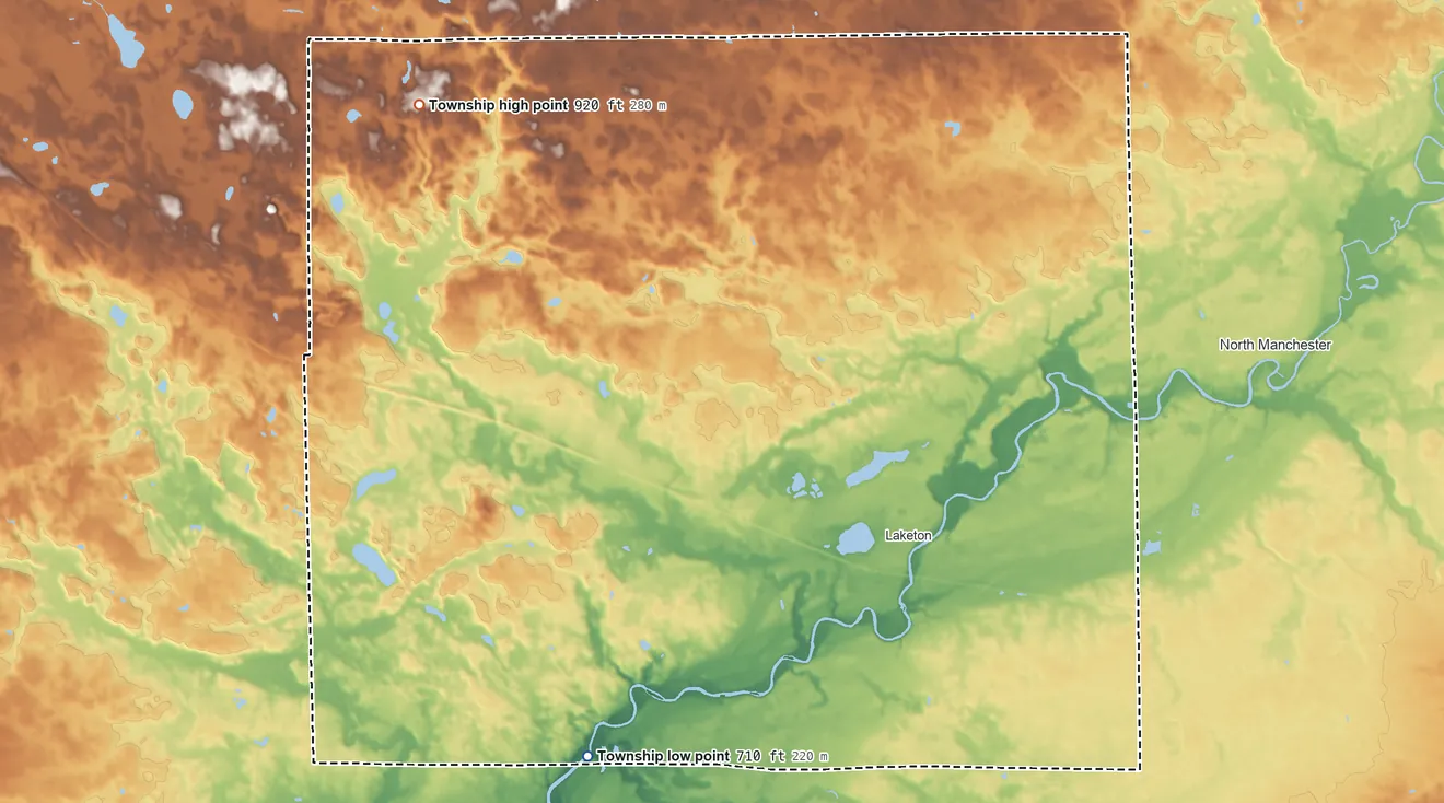 Topographic elevation map of Pleasant Township, Wabash County, Indiana, shaded from 710 ft on the southwest side to 920 ft on the northwest side