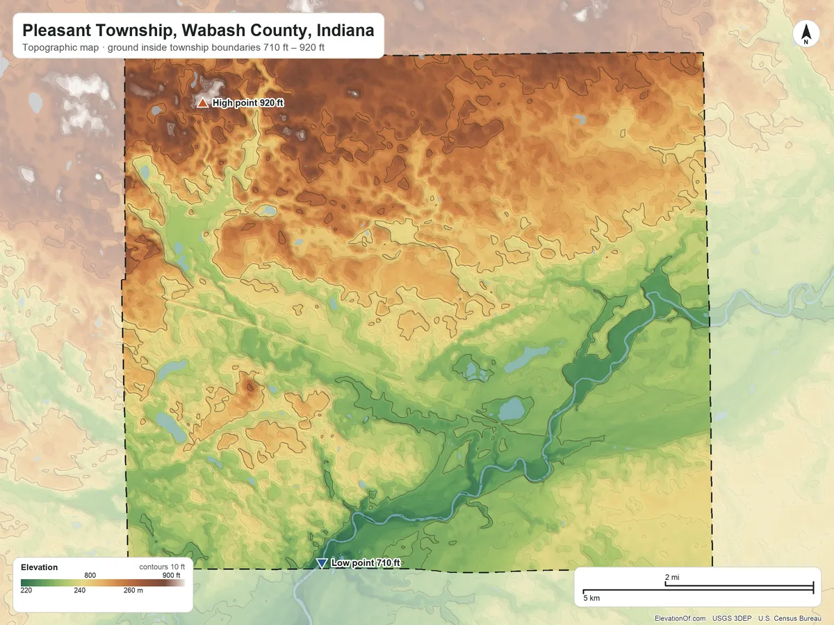Topographic elevation map of Pleasant Township, Wabash County, Indiana, shaded from 710 ft on the southwest side to 920 ft on the northwest side