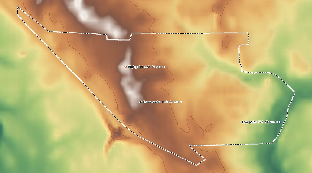 Topographic elevation map of Pleasant View, Indiana, shaded from 770 ft on the east side to 820 ft on the northwest side