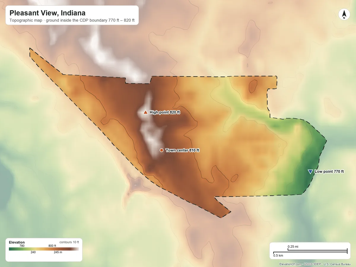 Topographic elevation map of Pleasant View, Indiana, shaded from 770 ft on the east side to 820 ft on the northwest side