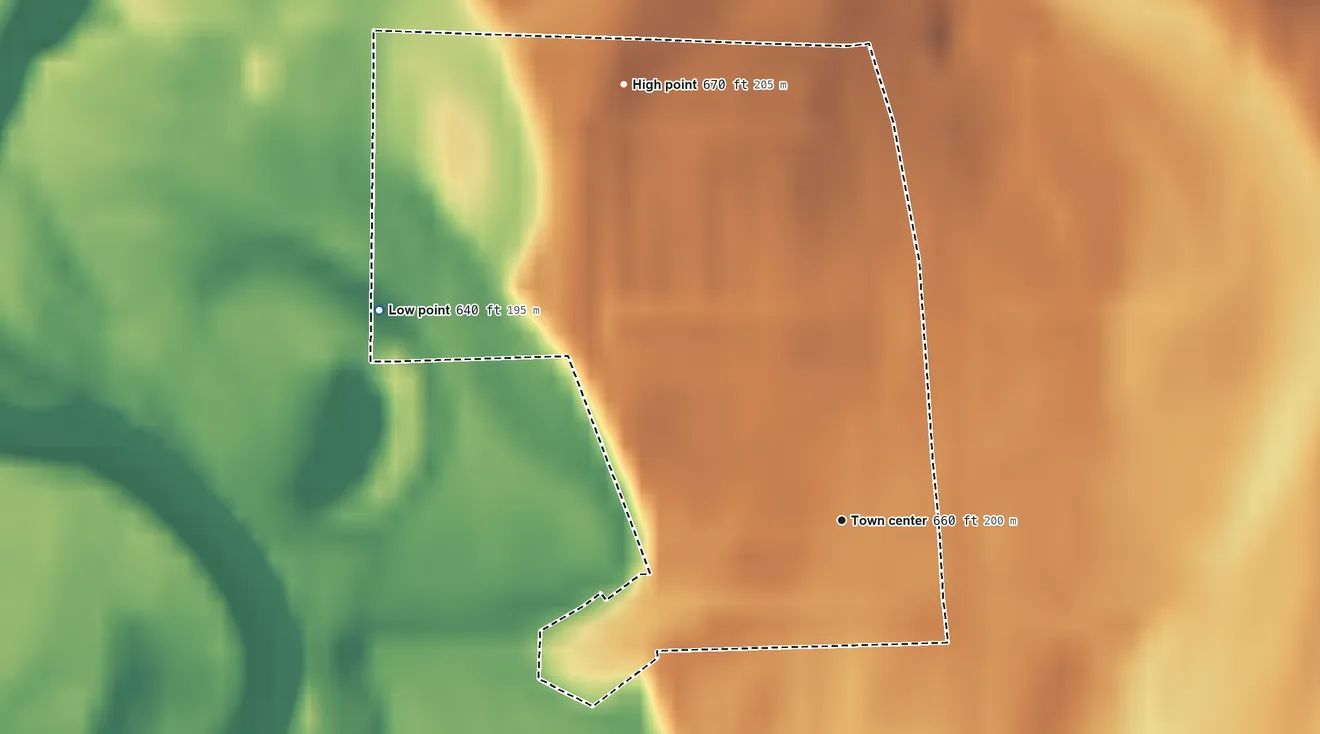 Topographic elevation map of Pleasant View Village, Indiana, shaded from 640 ft on the northwest side to 670 ft on the northwest side