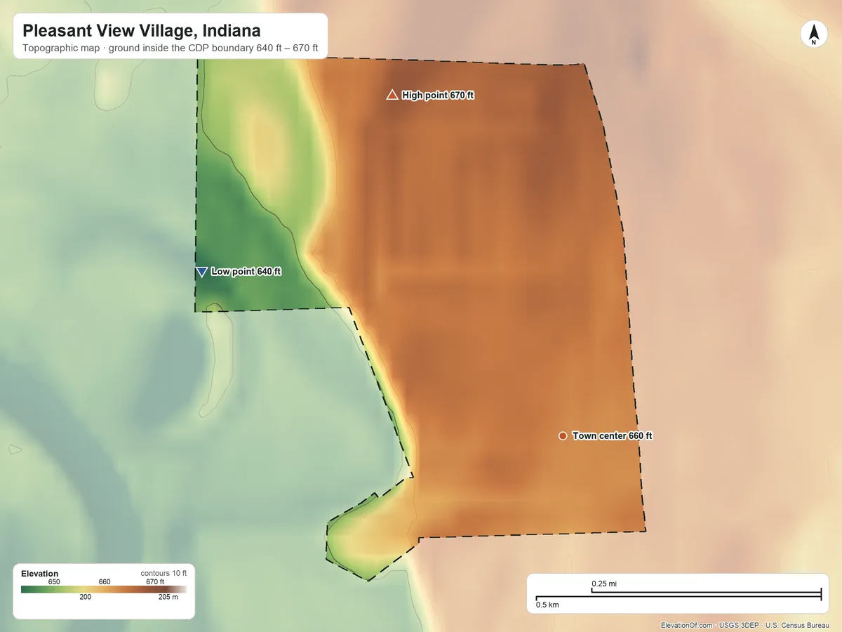 Topographic elevation map of Pleasant View Village, Indiana, shaded from 640 ft on the northwest side to 670 ft on the northwest side