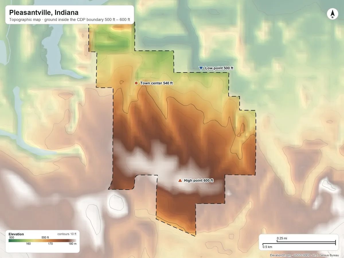 Topographic elevation map of Pleasantville, Indiana, shaded from 500 ft on the east side to 600 ft on the southeast side