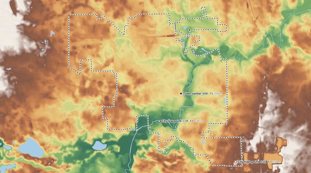 Topographic elevation map of Plymouth, Indiana, shaded from 770 ft on the southwest side to 840 ft on the southeast side