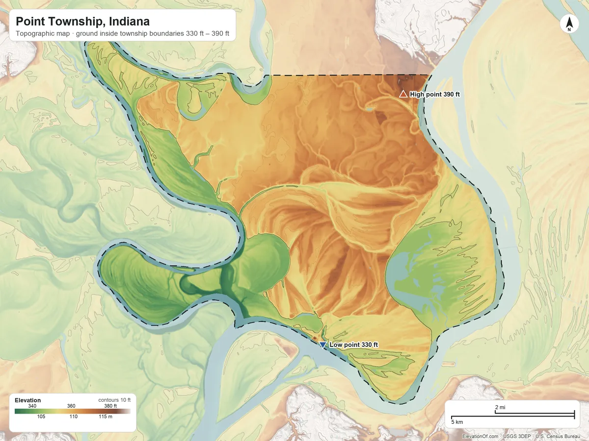 Topographic elevation map of Point Township, Indiana, shaded from 330 ft on the south side to 390 ft on the northeast side