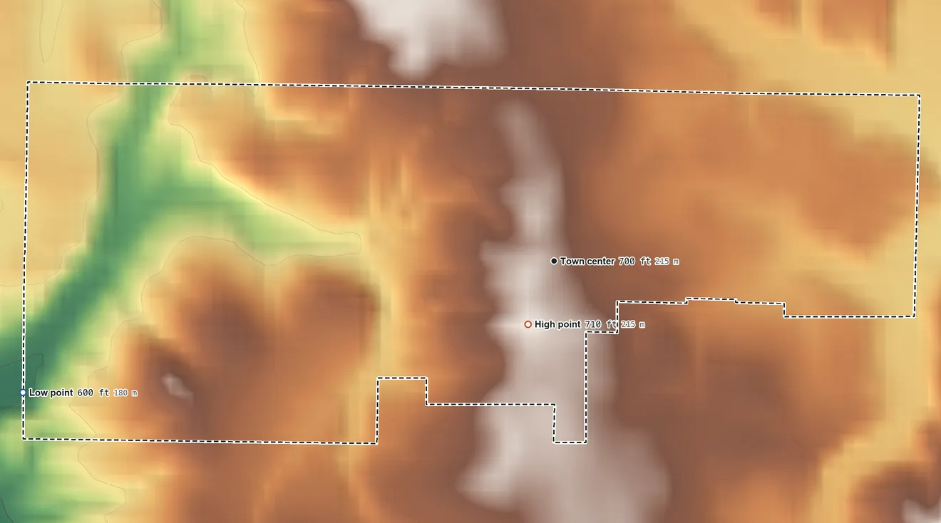 Topographic elevation map of Poland, Indiana, shaded from 600 ft on the west side to 710 ft near the middle