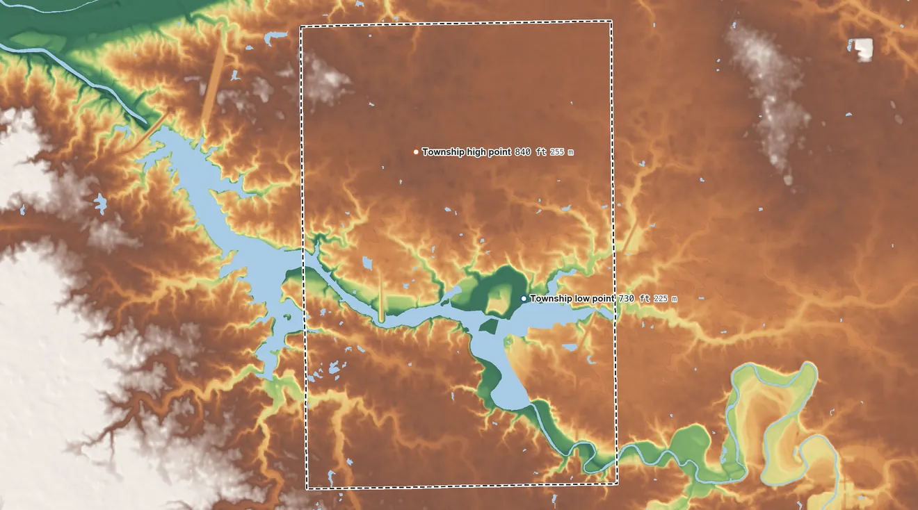 Topographic elevation map of Polk Township, Huntington County, Indiana, shaded from 730 ft on the southeast side to 840 ft on the northwest side