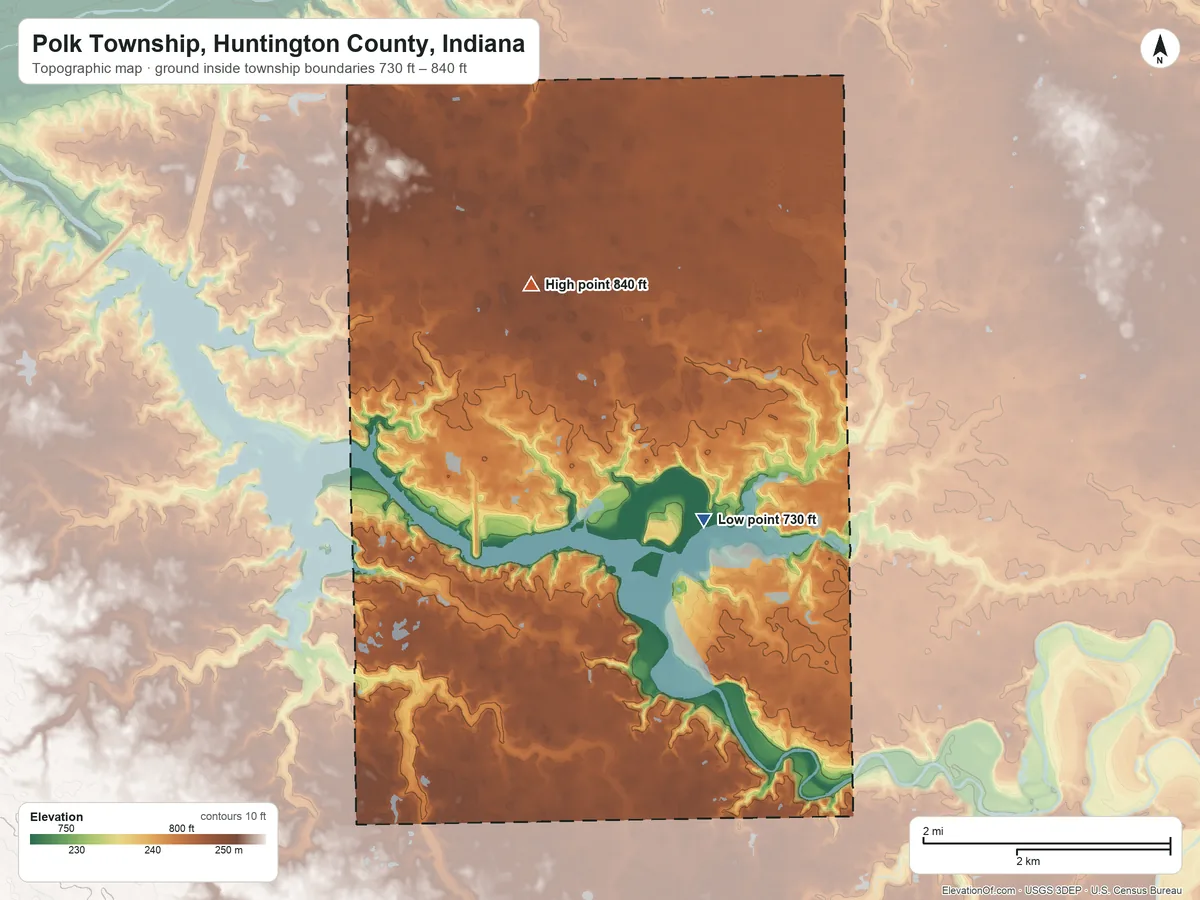 Topographic elevation map of Polk Township, Huntington County, Indiana, shaded from 730 ft on the southeast side to 840 ft on the northwest side
