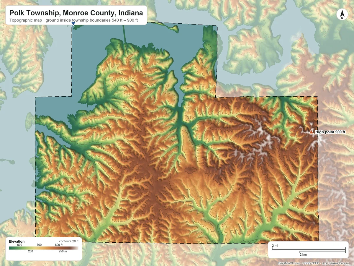 Topographic elevation map of Polk Township, Monroe County, Indiana, shaded from 540 ft on the north side to 900 ft on the east side