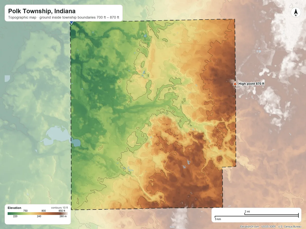Topographic elevation map of Polk Township, Indiana, shaded from 700 ft on the northwest side to 870 ft on the east side