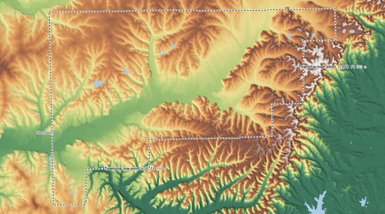 Topographic elevation map of Polk Township, Washington County, Indiana, shaded from 650 ft on the southwest side to 1,000 ft on the east side