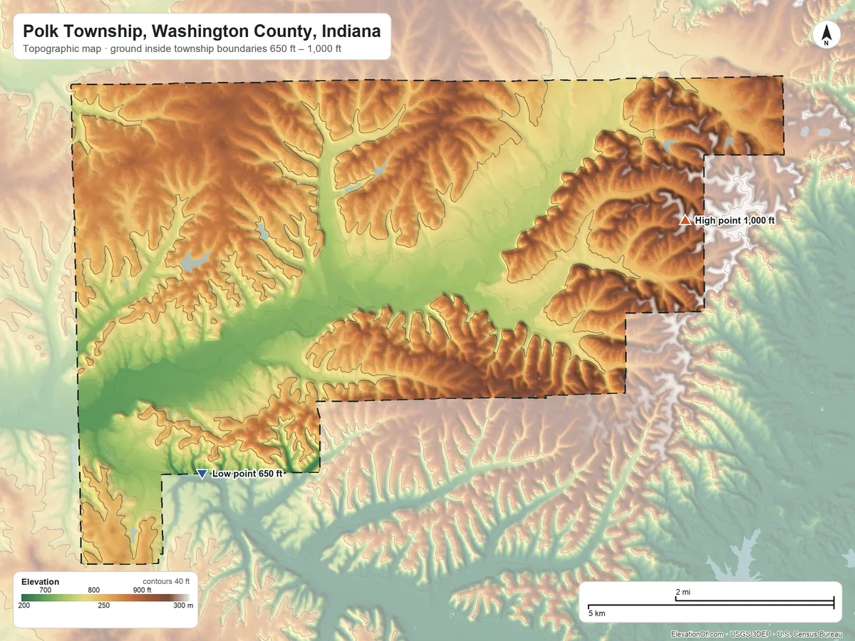 Topographic elevation map of Polk Township, Washington County, Indiana, shaded from 650 ft on the southwest side to 1,000 ft on the east side