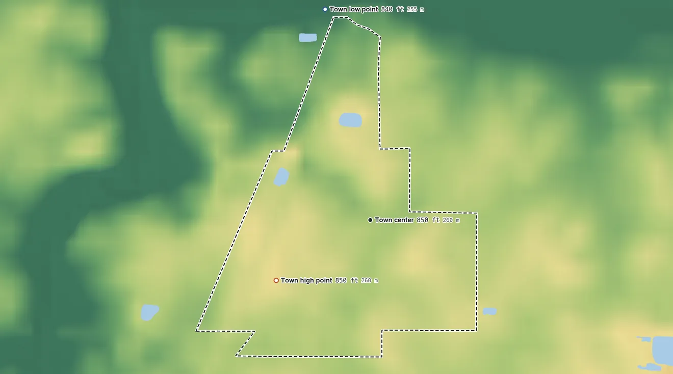 Topographic elevation map of Poneto, Indiana, shaded from 840 ft on the north side to 850 ft on the southwest side
