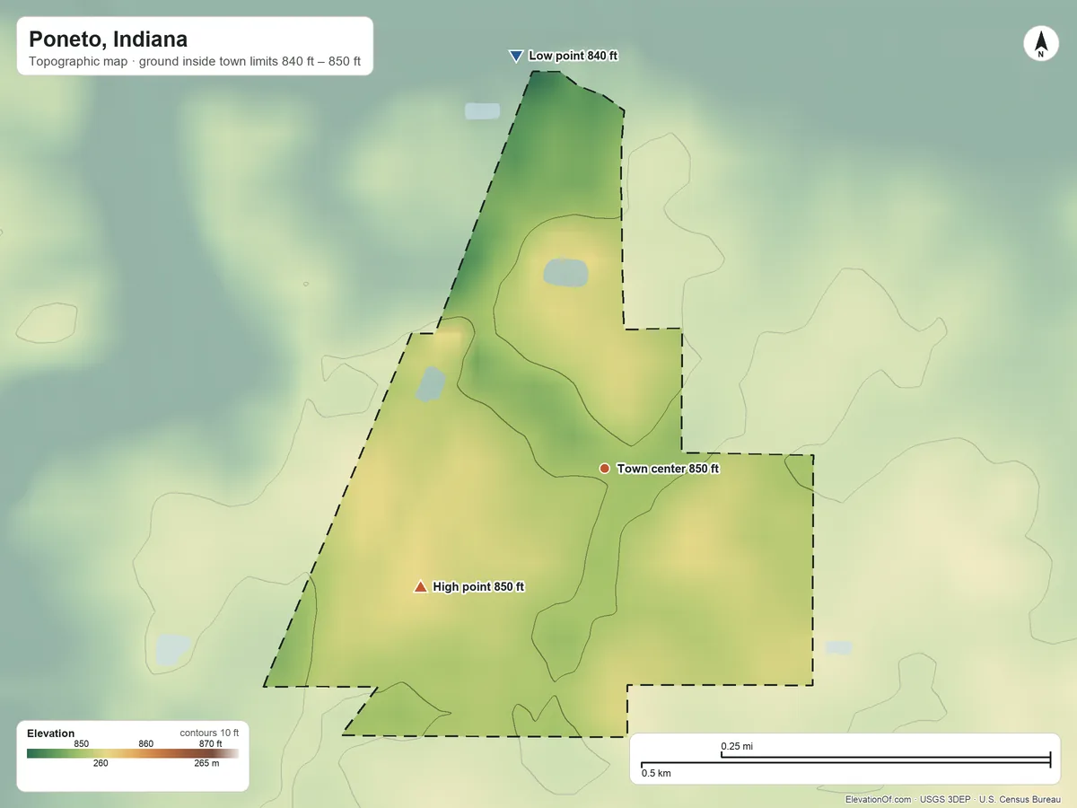 Topographic elevation map of Poneto, Indiana, shaded from 840 ft on the north side to 850 ft on the southwest side