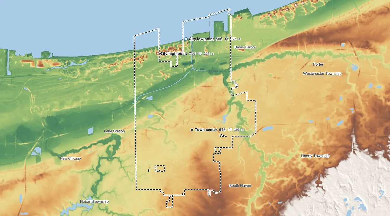 Topographic elevation map of Portage, Indiana, shaded from 580 ft on the north side to 710 ft on the northwest side