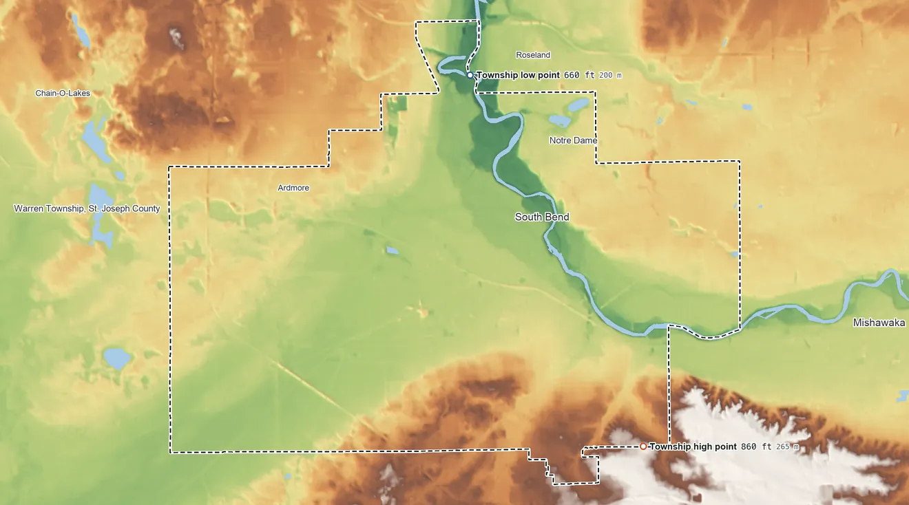 Topographic elevation map of Portage Township, Indiana, shaded from 660 ft on the north side to 860 ft on the southeast side