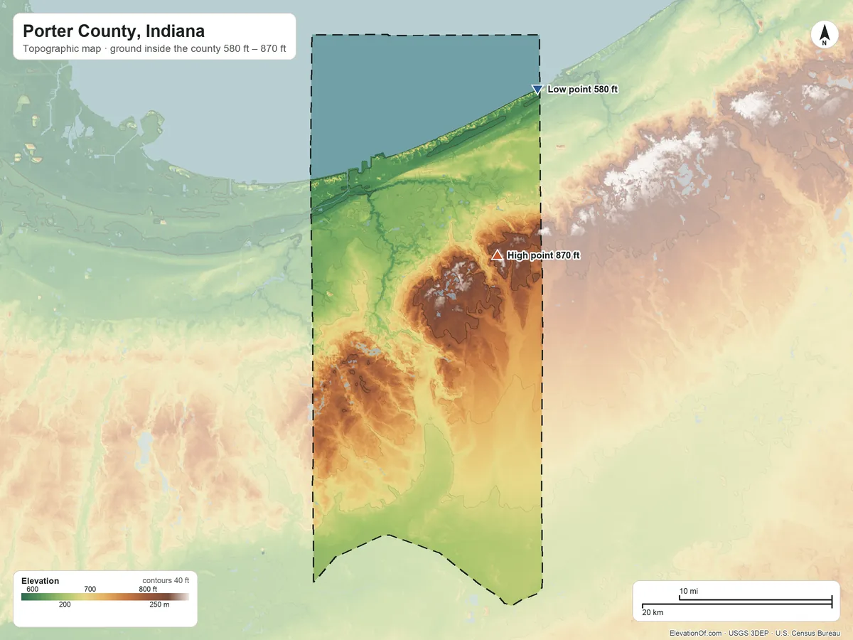 Topographic elevation map of Porter County, Indiana, shaded from 580 ft on the northeast side to 870 ft on the northeast side