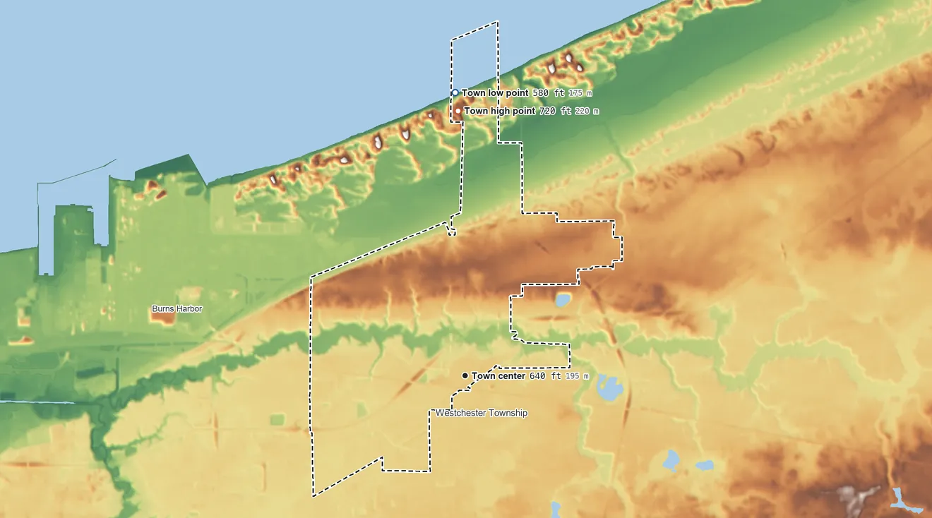 Topographic elevation map of Porter, Indiana, shaded from 580 ft on the north side to 720 ft on the north side
