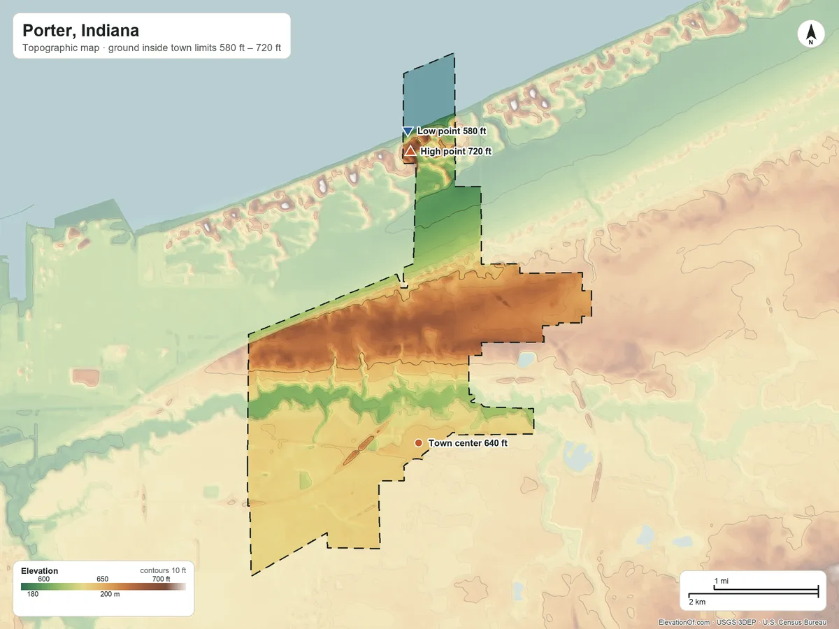 Topographic elevation map of Porter, Indiana, shaded from 580 ft on the north side to 720 ft on the north side